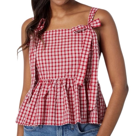 Madewell Tops - NWT MADEWELL Sleeveless Tie Shoulder Peplum Smocked Back Plaid Top Size Small